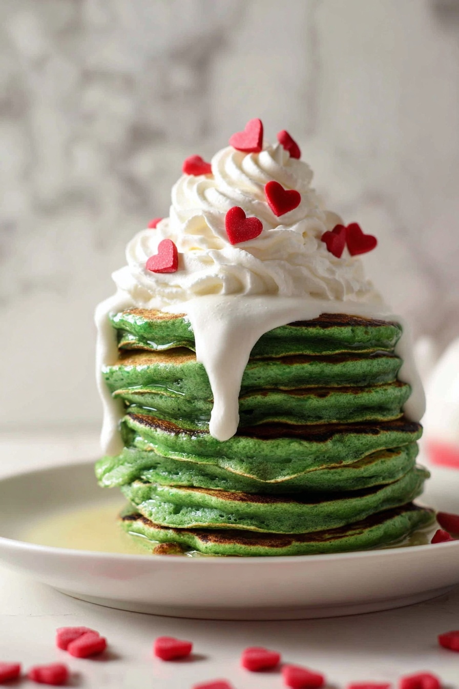 A stack of six thick, green pancakes with slightly uneven edges sits on a white plate. On top, there is a generous swirl of white whipped cream dripping slightly down the sides. Small red heart-shaped sprinkles are scattered on the whipped cream and a few rest on the pancakes and plate. The background features a soft, white marbled texture. photo taken with an iphone --ar 2:3 --v 7