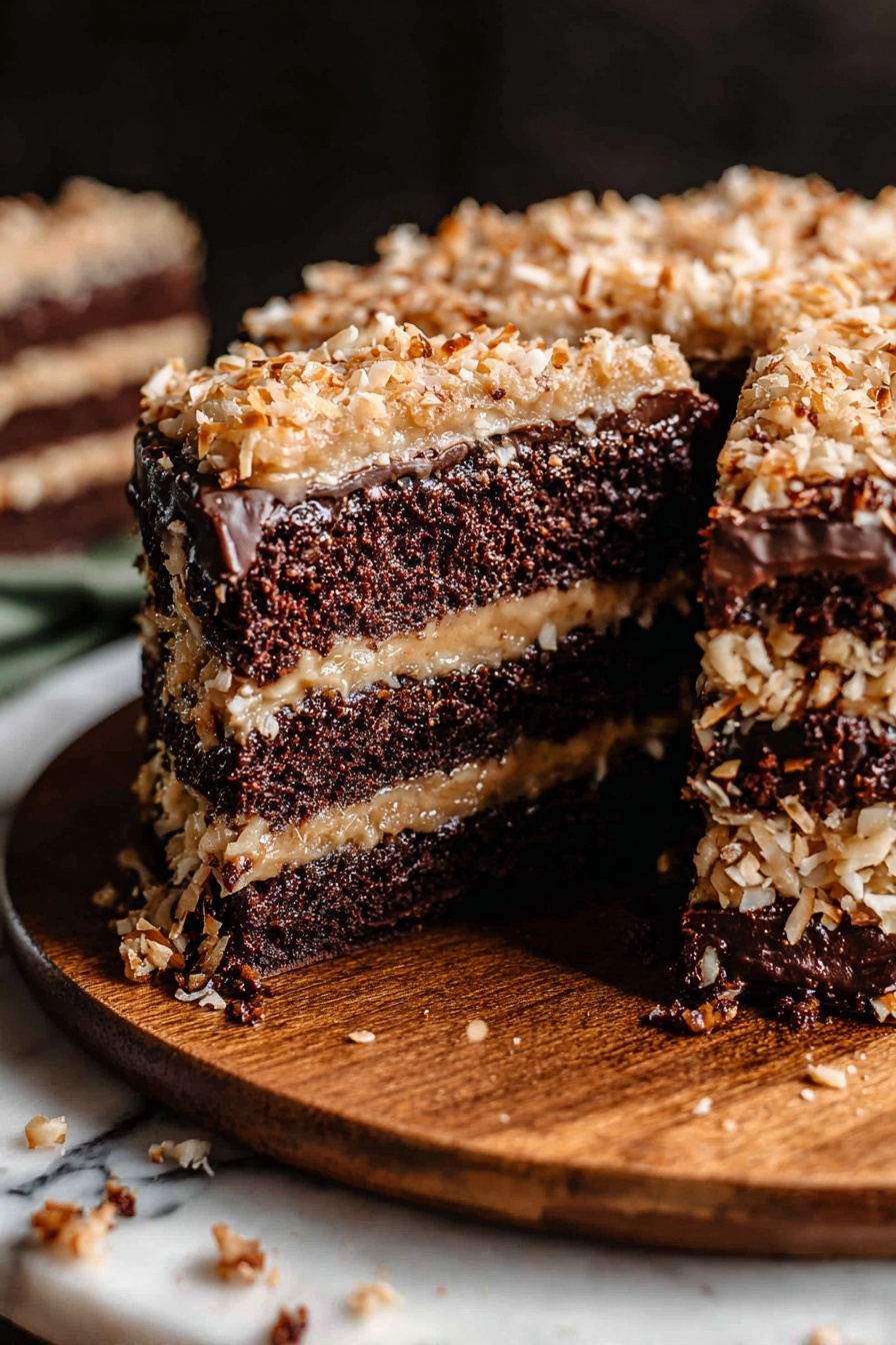 A close-up of a four-layer chocolate cake with a light brown coconut and nut frosting between each thick, dark, moist cake layer and spread on top. The frosting looks creamy with small pieces of shredded coconut and nuts visible within it. One slice is missing, showing the dense texture and rich filling inside. The cake sits on a wooden plate, with some crumbs and frosting bits around it on a white marbled surface. The background is dark and blurred, making the cake stand out. Photo taken with an iphone --ar 2:3 --v 7