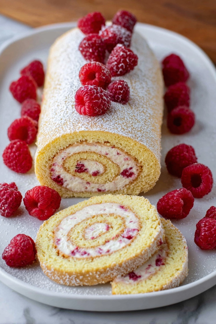 A light yellow rolled cake with three visible spiral layers of white cream mixed with small red berry pieces, dusted with a fine layer of powdered sugar on top, is placed on a white plate. The plate is scattered with fresh bright red raspberries around the cake and on top. Two slices of the cake are cut and laid flat in front, showing the swirl pattern clearly. The background is a white marbled texture. photo taken with an iphone --ar 2:3 --v 7