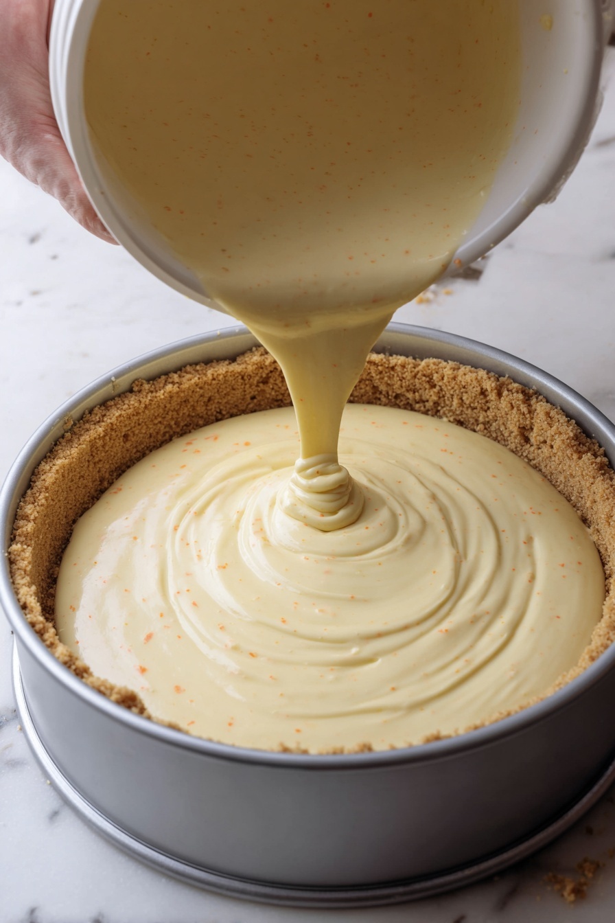 A slice of cheesecake with three visible layers sits on a white plate with fine ridges. The bottom layer is a dark brown, crumbly crust. The middle layer is a thick, creamy pale yellow cheesecake with a smooth texture. The top layer is a smooth white cream spread evenly, topped with two rows of bright red raspberries, each berry dusted lightly with powdered sugar. A silver fork lies next to the cheesecake on the right side of the plate. The setting has a warm, soft light with a white marbled surface underneath the plate. Photo taken with an iphone --ar 2:3 --v 7
