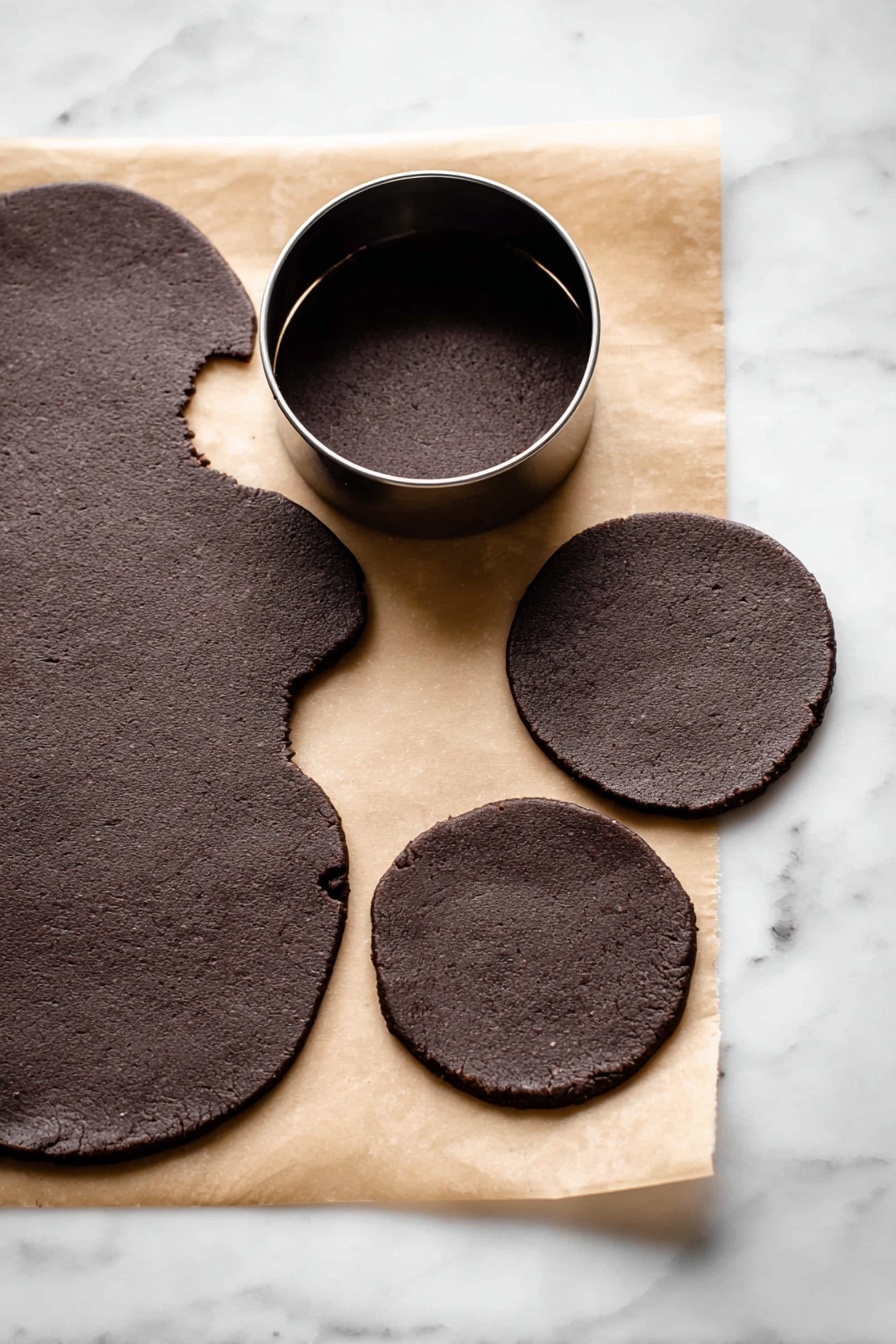 The image shows several round chocolate-covered cookies placed on a white marbled surface, each with a smooth dark chocolate coating and thin lines of drizzled chocolate on top. In the center, one cookie is split in half vertically, revealing a soft, crumbly, dark brown center with a dense texture. There is a small green mint leaf placed behind the split cookie, adding a touch of fresh color. The lighting highlights the glossy surface of the chocolate, making it look rich and smooth. Photo taken with an iphone --ar 2:3 --v 7