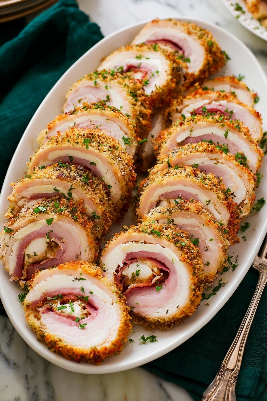 The image shows a white oval plate filled with multiple slices of a rolled dish. Each slice has three clear layers: a crispy golden-brown breadcrumb outer layer, a thick soft pale pink middle layer of ham, and a thick white inner layer. The slices are neatly placed in rows on the plate and are sprinkled with small dark green chopped herbs on top. The plate sits on a white marbled surface with a dark green cloth and a vintage silver fork nearby. Photo taken with an iphone --ar 2:3 --v 7