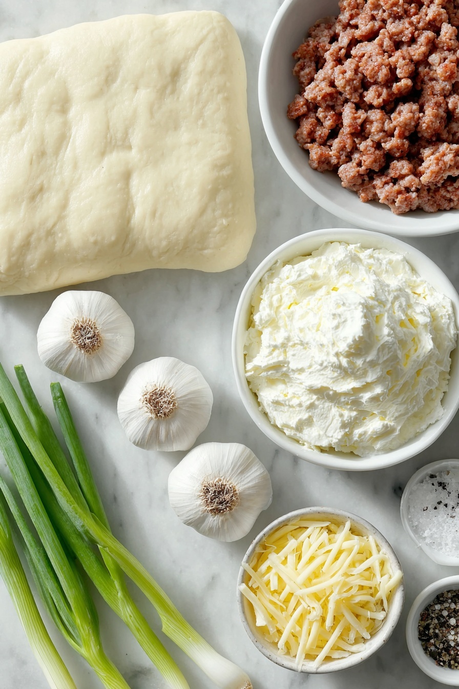 Flat lay of two unpeeled garlic cloves, a small mound of raw ground breakfast sausage, a simple white ceramic bowl with cream cheese, a small white bowl with kosher salt, a small white bowl with black pepper, a flat sheet of crescent roll dough seamless sheet, a small pile of shredded cheddar cheese, and a few sprigs of fresh green onion, all arranged symmetrically and naturally placed on a clean white marble surface, soft natural light, photo taken with an iPhone, professional food photography style, fresh ingredients, white ceramic bowls, no bottles, no duplicates, no utensils, no packaging --ar 2:3 --v 7 --p m7354615311229779997