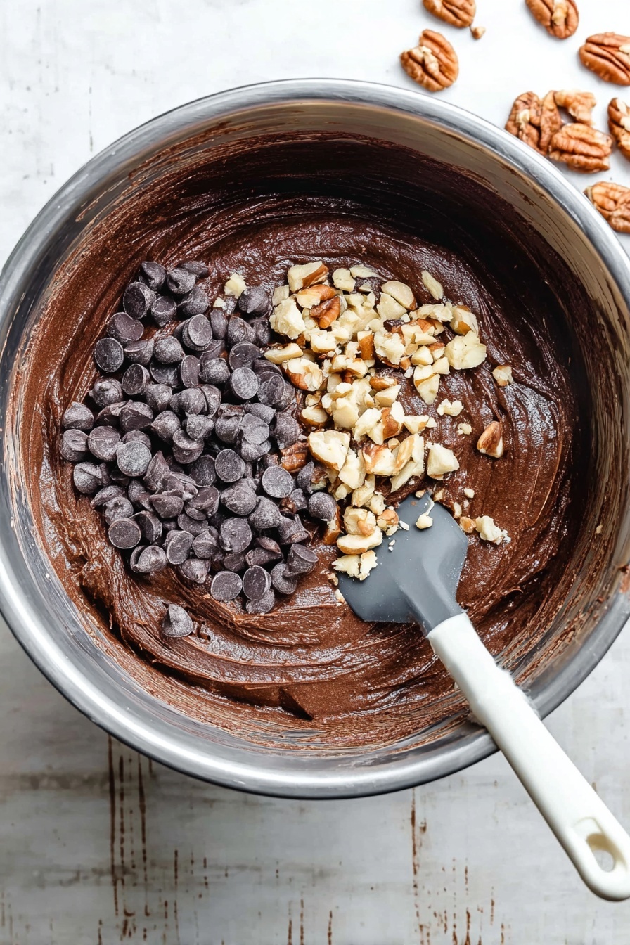 The image shows a square piece of chocolate brownie with a bite taken out of one corner. The brownie has three layers: the base is dark and dense chocolate cake, the middle layer is a smooth lighter brown chocolate frosting, and the top layer is covered with a thick caramel sauce that drips slightly down the sides. On top of the caramel sauce are scattered small chocolate chips and chopped nuts, adding texture and color contrast. The brownie rests on white parchment paper placed on a white marbled surface. Extra chocolate chips and nut pieces are scattered around the brownie. In the background, part of another brownie piece is visible. photo taken with an iphone --ar 2:3 --v 7
