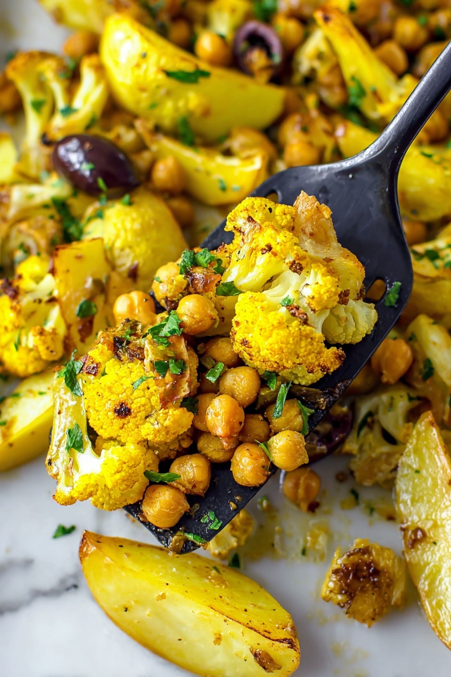 The image shows a close-up of a roasted vegetable dish with three main layers: golden yellow potato wedges with a slightly crispy texture on the edges, light brown chickpeas scattered throughout, and bright yellow cauliflower florets with some charred spots. There are also a few dark olives mixed in, adding a glossy texture. The vegetables and chickpeas are garnished with small green parsley bits, making the dish look fresh and colorful. In the center, a black spatula is lifting a portion of the mix, highlighting the different textures and vibrant colors against a white marbled surface. photo taken with an iphone --ar 2:3 --v 7