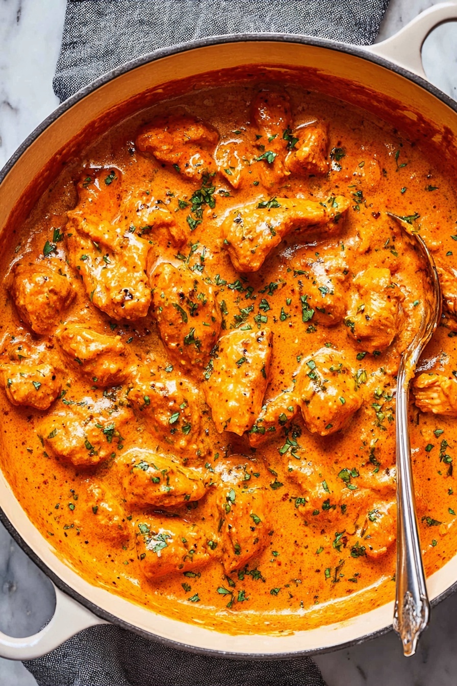 A close-up view of a large white pot filled with rich orange creamy sauce with many golden-brown chicken pieces immersed in the sauce, scattered finely chopped green herbs on top, and a silver spoon resting inside the pot on the right side. The pot sits on a white marbled surface with a gray cloth nearby, showing the thick texture of the sauce and tender chicken pieces. photo taken with an iphone --ar 2:3 --v 7