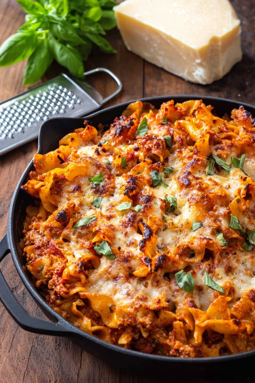 A close-up of a baked pasta dish with wavy lasagna noodles layered with a red meat sauce and melted golden cheese on top, showing some browned, crispy spots. The pasta is fully covered in cheese and sauce, with bits of fresh green basil leaves sprinkled on top. The dish is served in a dark skillet placed on a wooden surface, next to a large wedge of cheese, a metal grater, and a small bunch of fresh basil, all set on a white marbled texture. photo taken with an iphone --ar 2:3 --v 7