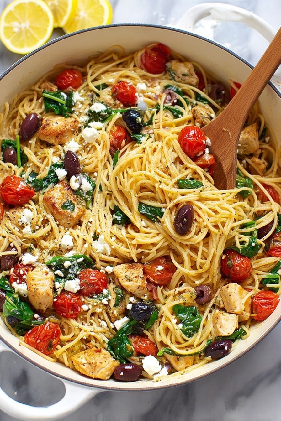 A white deep pan filled with spaghetti noodles mixed with several chunks of golden brown cooked chicken, bright red halved cherry tomatoes, dark purple olives, and fresh green spinach leaves, all tossed together with small crumbles of white feta cheese sprinkled on top. A wooden spoon is resting inside the pan lifting some of the pasta, showing its fine texture and light sauce coating. On the side, there are three lemon wedges seated on a white marbled surface. The photo taken with an iphone --ar 2:3 --v 7