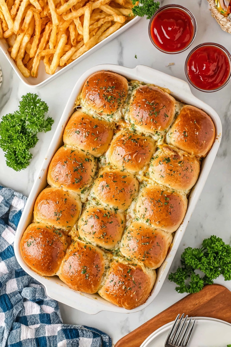 This image shows a white baking dish with 12 golden brown slider buns on top, each sprinkled with green herbs and a shiny glaze. Inside the buns, melted cheese and a savory filling peek through the sides. The dish is placed on a white marbled surface with fresh green parsley leaves around it. To the top left, a white tray with crispy golden fries is visible, and two small glasses filled with bright red ketchup sit near the top right. A folded blue and white checkered cloth is at the bottom left, along with a wooden board and a pair of silver forks on a white plate nearby. photo taken with an iphone --ar 2:3 --v 7