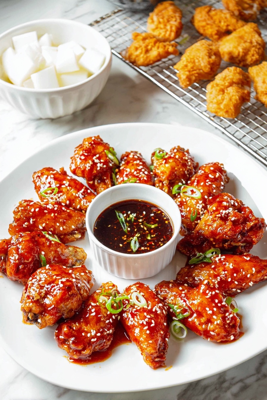 A white plate shows a circle of ten fried chicken wings covered with shiny red-orange sauce, sprinkled with white sesame seeds and small pieces of green onion. In the middle of the plate is a small white bowl filled with dark red sauce, also decorated with a few sesame seeds and green onion slices. Behind the plate, there is a white bowl filled with white, cubed radish pieces on the left, and a metal rack on the right holds several golden brown fried chicken pieces drying. The whole scene is on a white marbled textured surface. Photo taken with an iphone --ar 2:3 --v 7