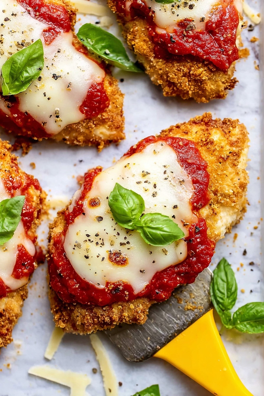 The image shows a close-up of three pieces of breaded chicken topped with a thick layer of bright red tomato sauce and melted white cheese that slightly drips over the edges. Each piece is garnished with a fresh green basil leaf and sprinkled with black pepper. The crispy golden-brown chicken pieces rest on a white marbled background with a few scattered cheese crumbs and basil leaves. A yellow spatula is lifting the closest piece from the surface, adding contrast to the composition. Photo taken with an iphone --ar 2:3 --v 7