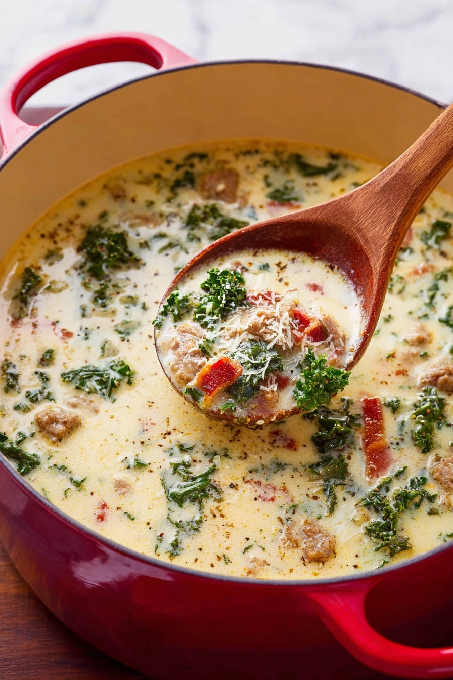 A large, deep red pot filled with creamy soup that has a pale yellow color as the base. Inside the soup, there are visible layers of dark green kale leaves, small round pieces of light brown sausage, small strips of crisp reddish-brown bacon, and light orange shredded cheese. The soup looks thick and mixed with hints of freshly ground black pepper sprinkled throughout. A wooden spoon is scooping some soup from the pot, showing the mix of all the ingredients. The pot is placed on a surface with a white marbled texture photo taken with an iphone --ar 2:3 --v 7