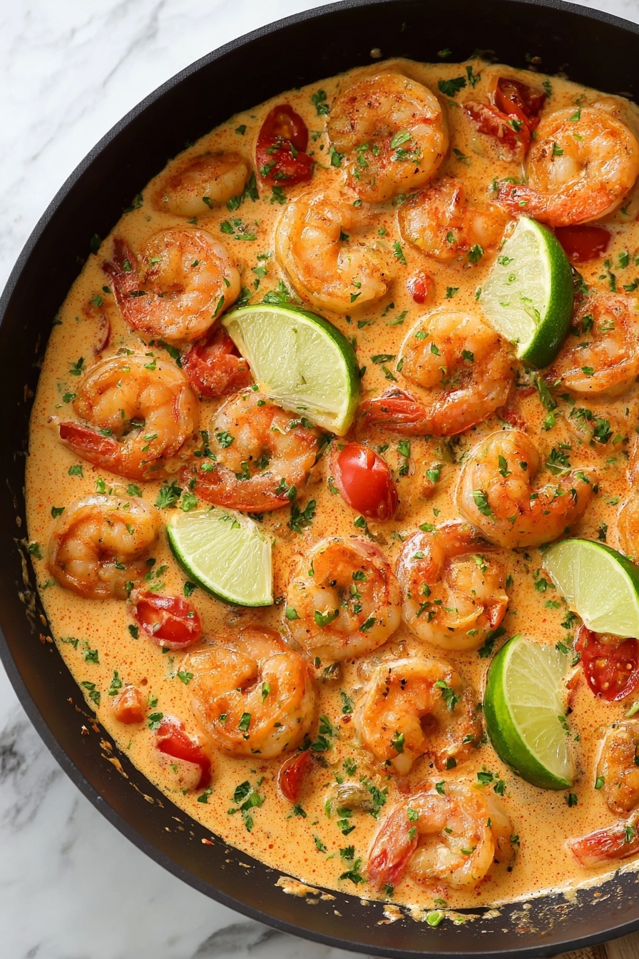 A black pan filled with a creamy orange sauce layered with many pink and orange shrimp scattered evenly across the surface. Bright green lime wedges are placed between the shrimp, with small red tomato chunks mixed throughout the dish. The sauce looks smooth and rich, garnished lightly with small green herb bits. The pan rests on a white marbled surface. photo taken with an iphone --ar 2:3 --v 7