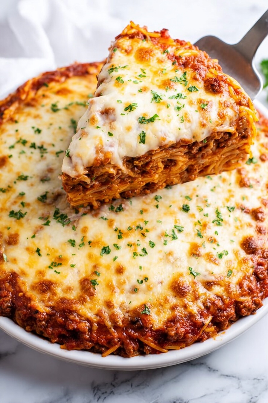 This image shows a round white dish filled with a baked layered casserole similar to lasagna, placed on a white marbled surface. The top layer is a thick, bubbly melted cheese that is golden and slightly browned in spots with sprinkles of green herbs. Underneath this cheese layer is a rich, textured tomato sauce mixed with ground meat, visible where one triangular slice is lifted from the dish, held by a woman's hand spatula. The layers below the cheese include a deep red sauce with hearty meat bits, giving the dish a dense, layered look. The cheese layer covers the entire surface evenly, with the edges browned from baking. Photo taken with an iphone --ar 2:3 --v 7