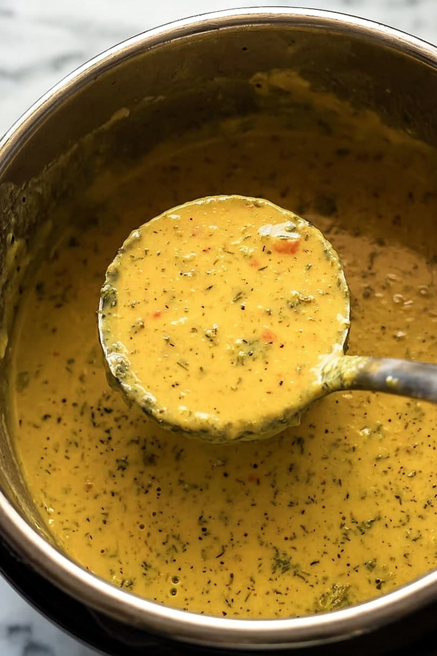 The image shows a close-up of a metal pot filled with thick yellowish soup that has small black and orange bits evenly spread throughout. A metal ladle is dipped into the soup, lifting a portion that reveals the creamy and chunky texture with visible herbs and small vegetable pieces. The inside of the pot is coated with the soup, and the scene is set against a white marbled surface. photo taken with an iphone --ar 2:3 --v 7