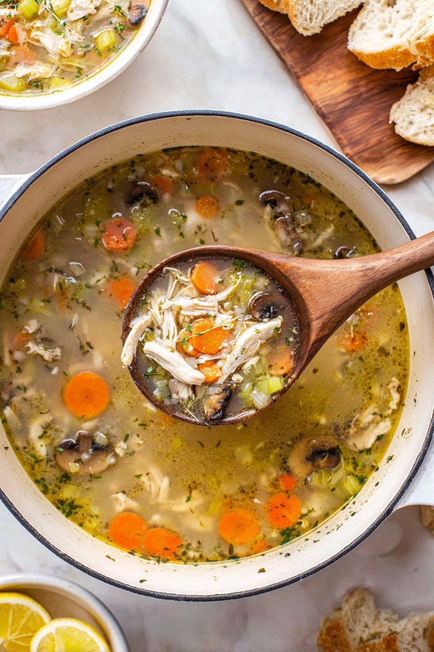 A white pot filled with chicken soup, showing clear broth with visible pieces of shredded white chicken, diced orange carrots, chopped green celery, and slices of brown mushrooms. A wooden spoon lifts some soup from the pot, revealing the layered ingredients and herbs mixed throughout. Around the pot, there are pieces of bread on a wooden board to the right, a bowl of similar soup at the top left, and a small white dish with lemon slices at the bottom left, all placed on a white marbled surface. Photo taken with an iphone --ar 2:3 --v 7