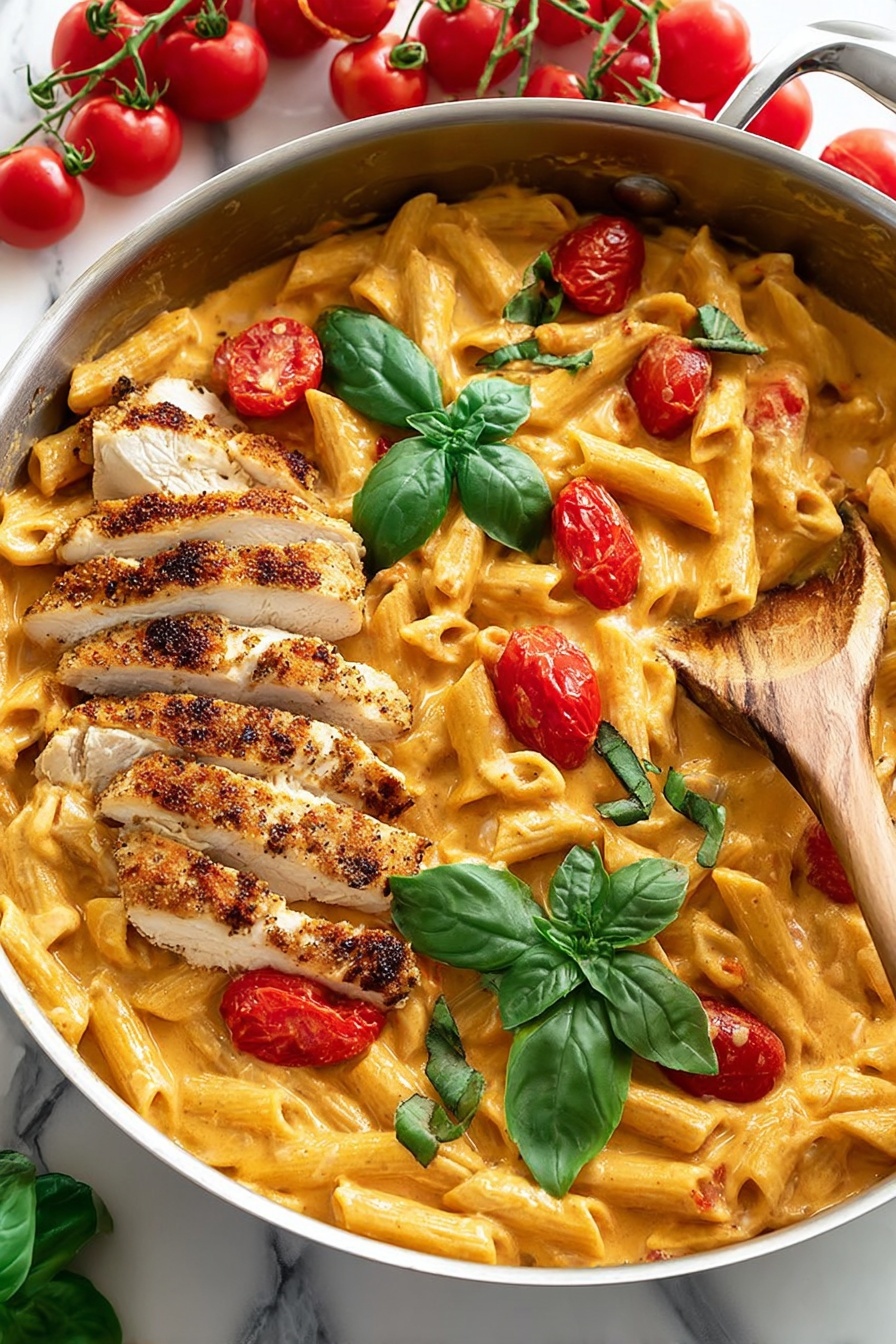 A silver pan filled with creamy orange pasta sauce mixed with penne pasta and whole cherry tomatoes, topped with sliced grilled chicken pieces showing a white inside and seasoned browned crust on top. Fresh green basil leaves are scattered on the pasta and chicken, adding a bright color contrast. A wooden spoon is resting inside the pan on the right side. The pan is set on a white marbled surface and behind it are some red cherry tomatoes on the vine. Photo taken with an iphone --ar 2:3 --v 7