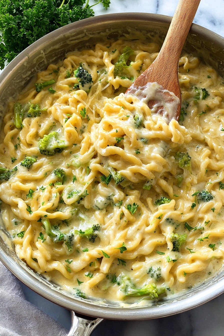 A close-up view of a creamy pasta dish in a silver pan with short, wavy noodles coated in a thick light yellow cheese sauce mixed with small green broccoli pieces, a wooden spoon resting in the pan partly lifting the pasta, all set on a white marbled textured surface with a sprig of green parsley in the top left corner photo taken with an iphone --ar 2:3 --v 7