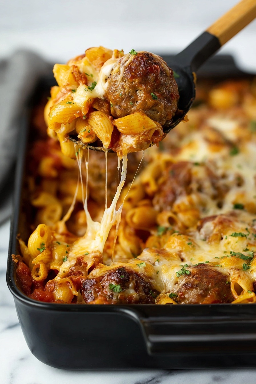 A close-up view of a black rectangular baking dish filled with a baked pasta and meatball casserole, showing at least three layers: the bottom layer has small pasta shells mixed with red tomato sauce, the middle layer consists of browned meatballs, and the top layer is melted golden cheese with some green herbs sprinkled for garnish. A black spoon with a wooden handle is lifting a serving from the dish, lifting pasta, meatball, and stretchy melted cheese strands dripping down. The background is a white marbled texture. Photo taken with an iphone --ar 2:3 --v 7