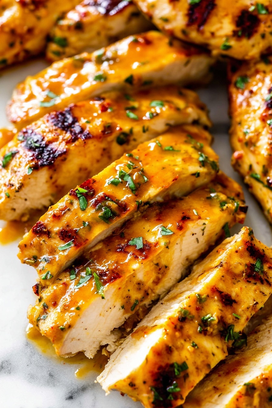 The image shows several pieces of cooked chicken, sliced into thick strips and arranged closely together. The chicken has a golden-brown color with some grill marks and is covered in a shiny sauce that has a warm orange hue. Small green herbs are sprinkled evenly over the chicken, adding a touch of freshness. The texture of the chicken appears juicy and tender, with the inside showing a lighter white color. The dish is placed on a surface with a white marbled texture. photo taken with an iphone --ar 2:3 --v 7