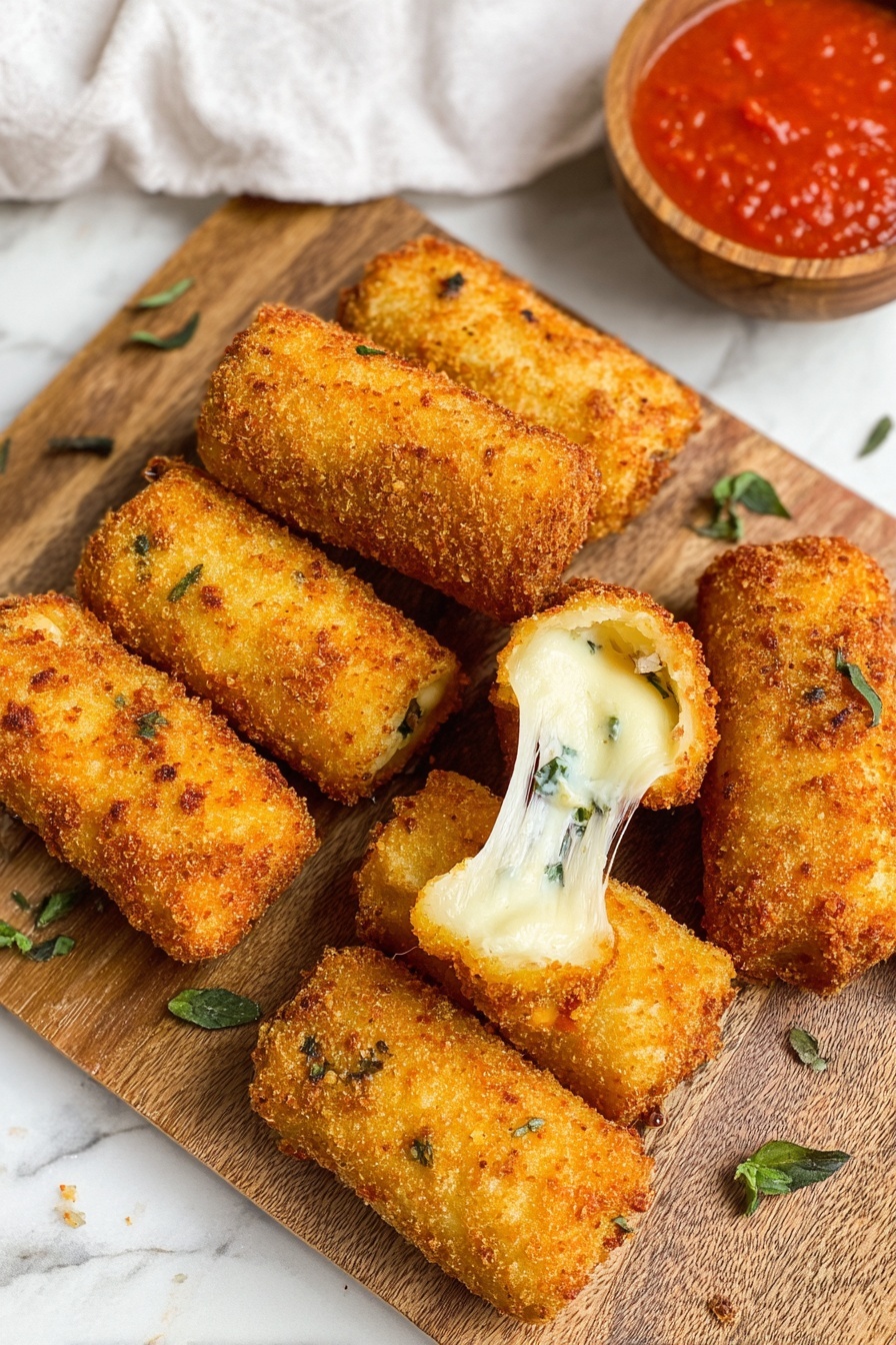 Seven golden brown fried cheese rolls are arranged on a wooden board, with one roll broken open at the front showing melted white cheese stretching out that is dotted with green herbs inside a crisp, textured outer layer. Small green herb leaves are scattered around the rolls. In the top right corner, a small wooden bowl filled with bright red sauce is visible, and the background has a white marbled texture partly covered by a soft white cloth. photo taken with an iphone --ar 2:3 --v 7