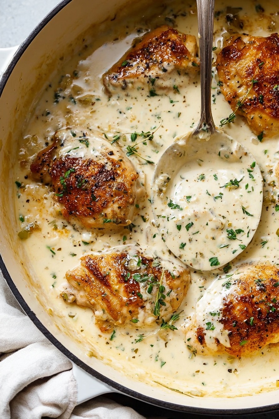 A close-up view of a white pot filled with four browned chicken pieces mostly covered by thick creamy white sauce with small green herb bits sprinkled on top. A large silver spoon is partially dipped in the sauce near the top right, ready to scoop, and a folded white cloth peeks out from under the pot on the left side. The chicken pieces show golden brown sear marks and are nestled in the smooth sauce that fills the pot with some small pools of oil shining on its surface. photo taken with an iphone --ar 2:3 --v 7