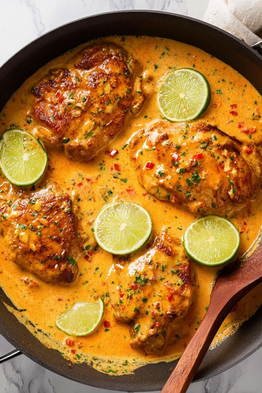 The dish is shown in a round black pan filled with three large pieces of browned chicken covered in a thick, creamy orange sauce with small bits of red and green herbs sprinkled on top. Several green lime wedges are placed inside the sauce around the chicken, adding a fresh color contrast. The sauce looks rich and smooth, slightly glossy with some texture from the herbs and spices. A wooden spoon rests on the right side of the pan. The pan is set on a white marbled surface. Photo taken with an iphone --ar 2:3 --v 7