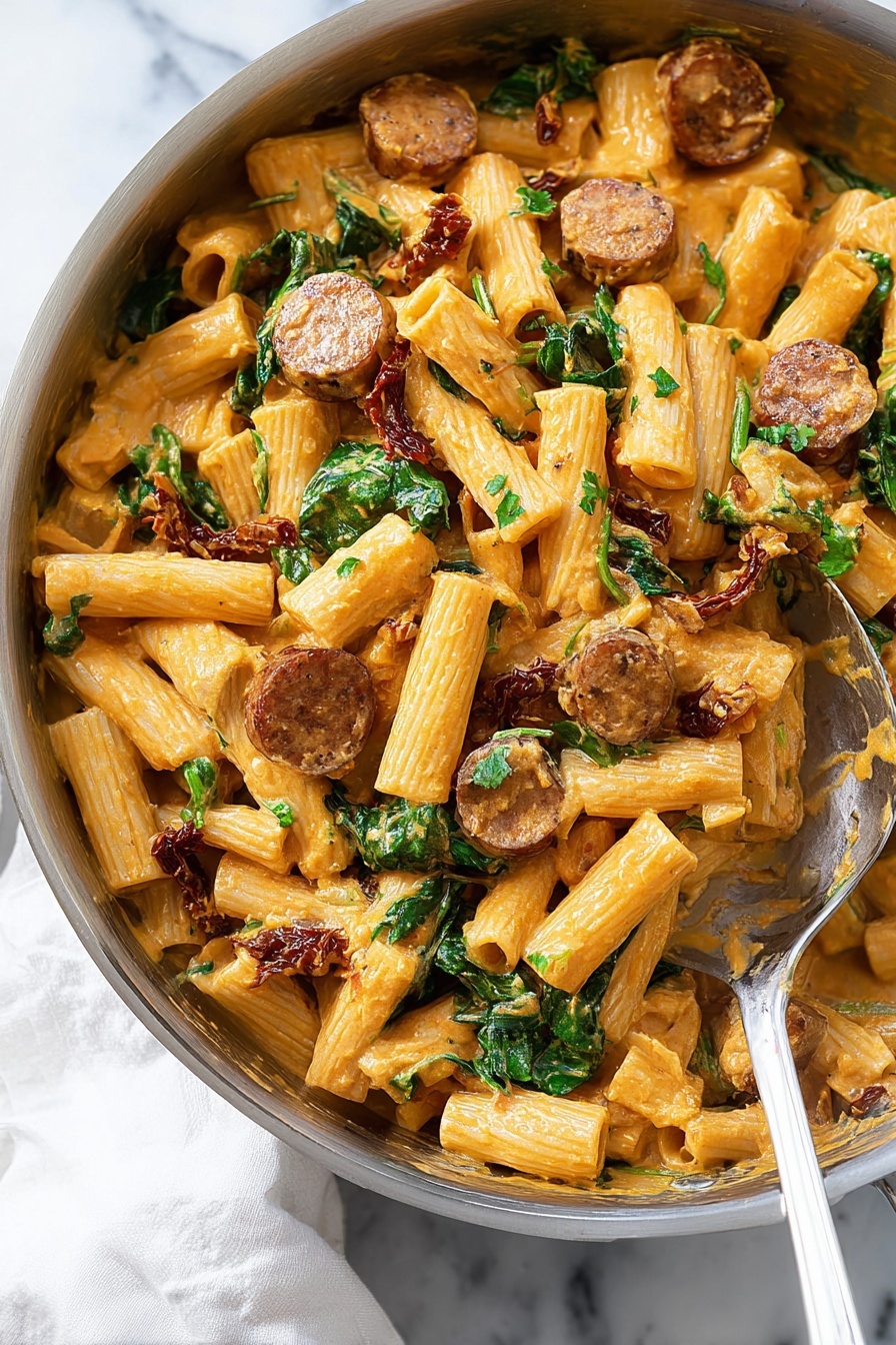 A close-up view of a metal pan filled with creamy orange sauce-coated rigatoni pasta, mixed with round slices of brown sausage, dark green spinach leaves, and bits of sun-dried tomatoes. The sauce looks smooth and rich, clinging to each pasta piece and meat slice. There is a metal spoon resting inside the pan near the right edge, partly covered with sauce and some pasta. The pan is placed on a white marbled surface, and a white cloth is visible in the background. photo taken with an iphone --ar 2:3 --v 7