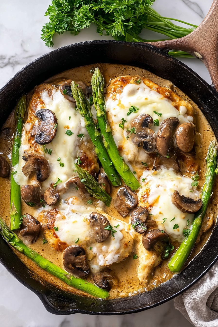 A black cast iron pan sits on a white marbled surface, filled with three pieces of light golden chicken topped with melted white cheese. Around and on top of the chicken are several whole green asparagus spears and many brown, sliced mushrooms. The dish is covered in a creamy, light brown sauce that pools at the bottom of the pan, creating a rich texture contrast with the vibrant green asparagus and soft mushrooms. A small bunch of fresh green parsley is visible in the background at the top left corner. Photo taken with an iphone --ar 2:3 --v 7