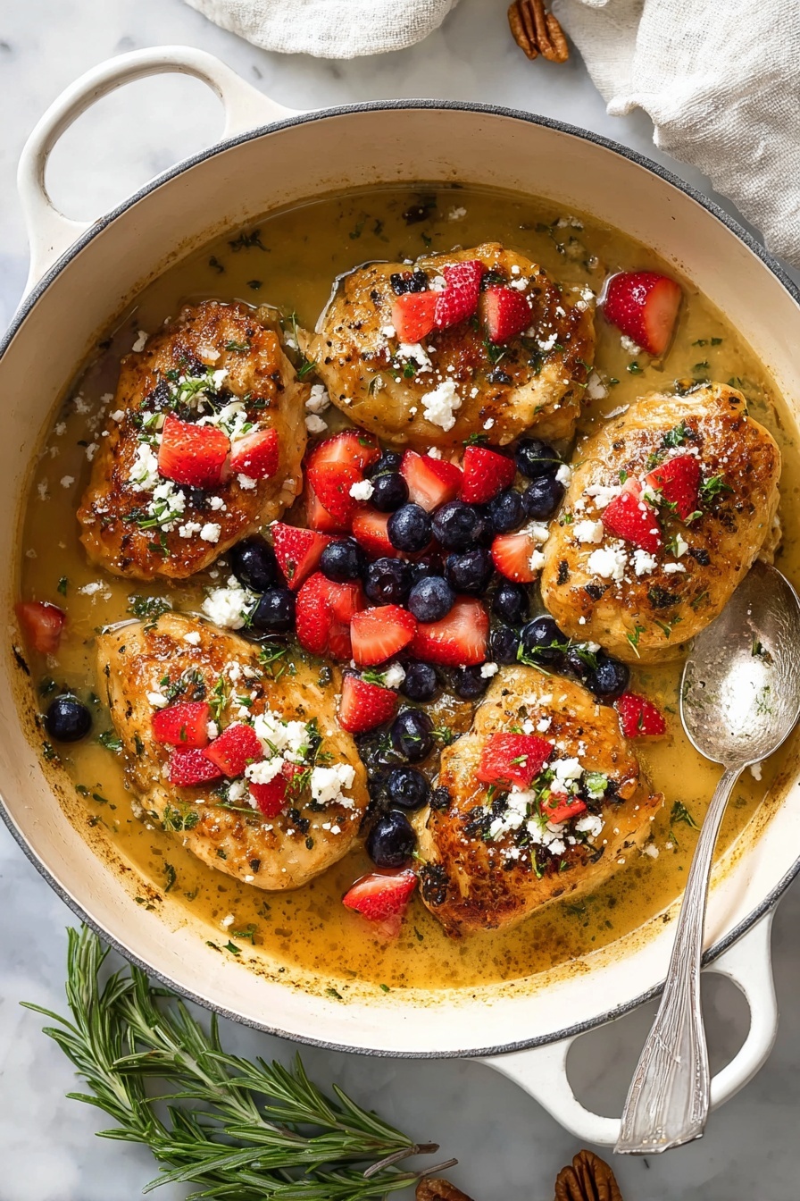 A white pot filled with five golden brown cooked chicken pieces, each topped with small chopped bright red strawberries and round dark blue blueberries, sprinkled with crumbled white cheese. The chicken sits in a light brown sauce with visible herbs, surrounded by fresh green rosemary sprigs on the side. A silver spoon rests inside the pot, near one piece of chicken. There are candied pecans scattered on the white marbled surface next to the pot, and a white cloth is partly visible in the upper right corner. photo taken with an iphone --ar 2:3 --v 7