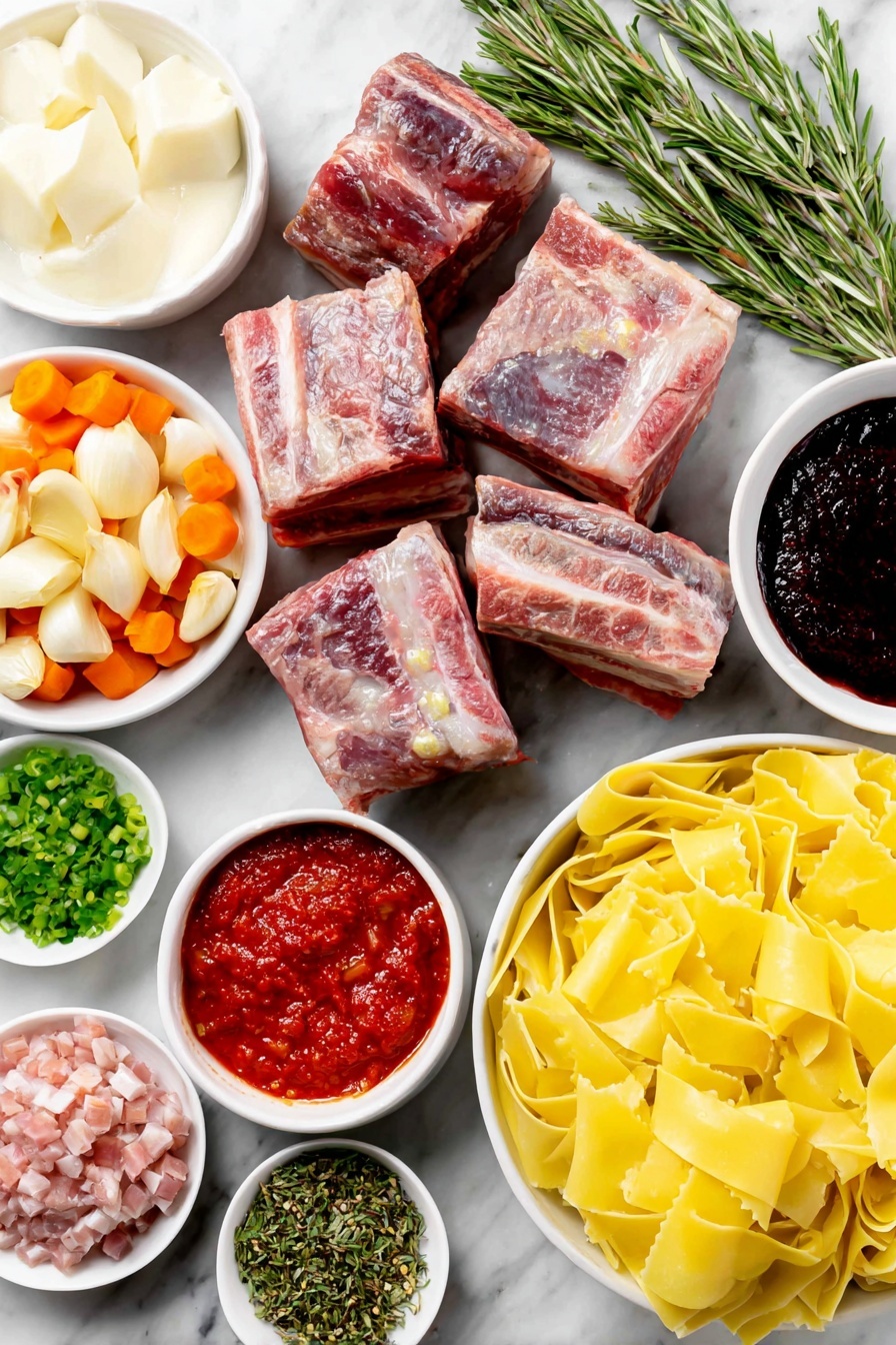 Flat lay of fresh bone-in beef short ribs with trimmed fat, a medium golden onion diced finely, two peeled orange carrots diced, six cloves of whole garlic, a small pile of finely chopped pink prosciutto, fresh green thyme leaves, fresh rosemary sprigs with leaves minced, a small white ceramic bowl filled with deep red dry red wine, a small white ceramic bowl with rich red tomato paste, a simple white ceramic bowl of bright crushed tomatoes, three whole dried bay leaves, a small white ceramic bowl of creamy whole milk, a nest of wide, fresh pappardelle pasta ribbons, a small mound of freshly grated pale parmesan cheese, and a small pile of chopped bright green Italian parsley, all arranged symmetrically on a clean white marble surface, soft natural light, photo taken with an iPhone, professional food photography style, fresh ingredients, white ceramic bowls, no bottles, no duplicates, no utensils, no packaging --ar 2:3 --v 7 --p m7354615311229779997