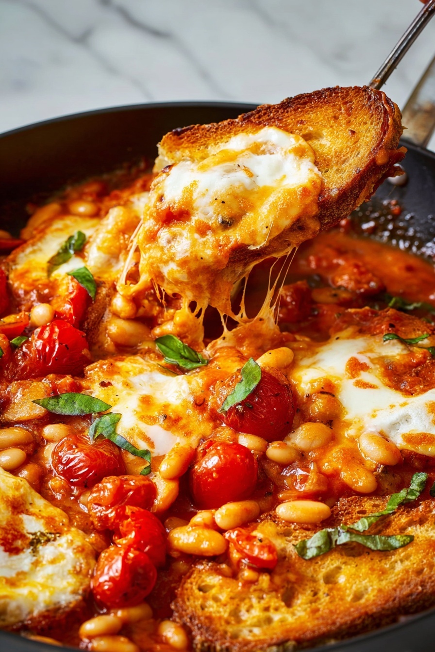 The dish shows one layer of golden brown toasted bread at the bottom, partially covered by a thick, rich orange-red tomato sauce mixed with white beans and chunks of melted cheese that create stretchy, stringy textures. Bright red pieces of cooked tomatoes and small green basil leaves are scattered on top and throughout, all sitting in a black pan with the bread slightly lifted up by a woman's hand, pulling some cheese strands. The background is a white marbled texture photo taken with an iphone --ar 2:3 --v 7