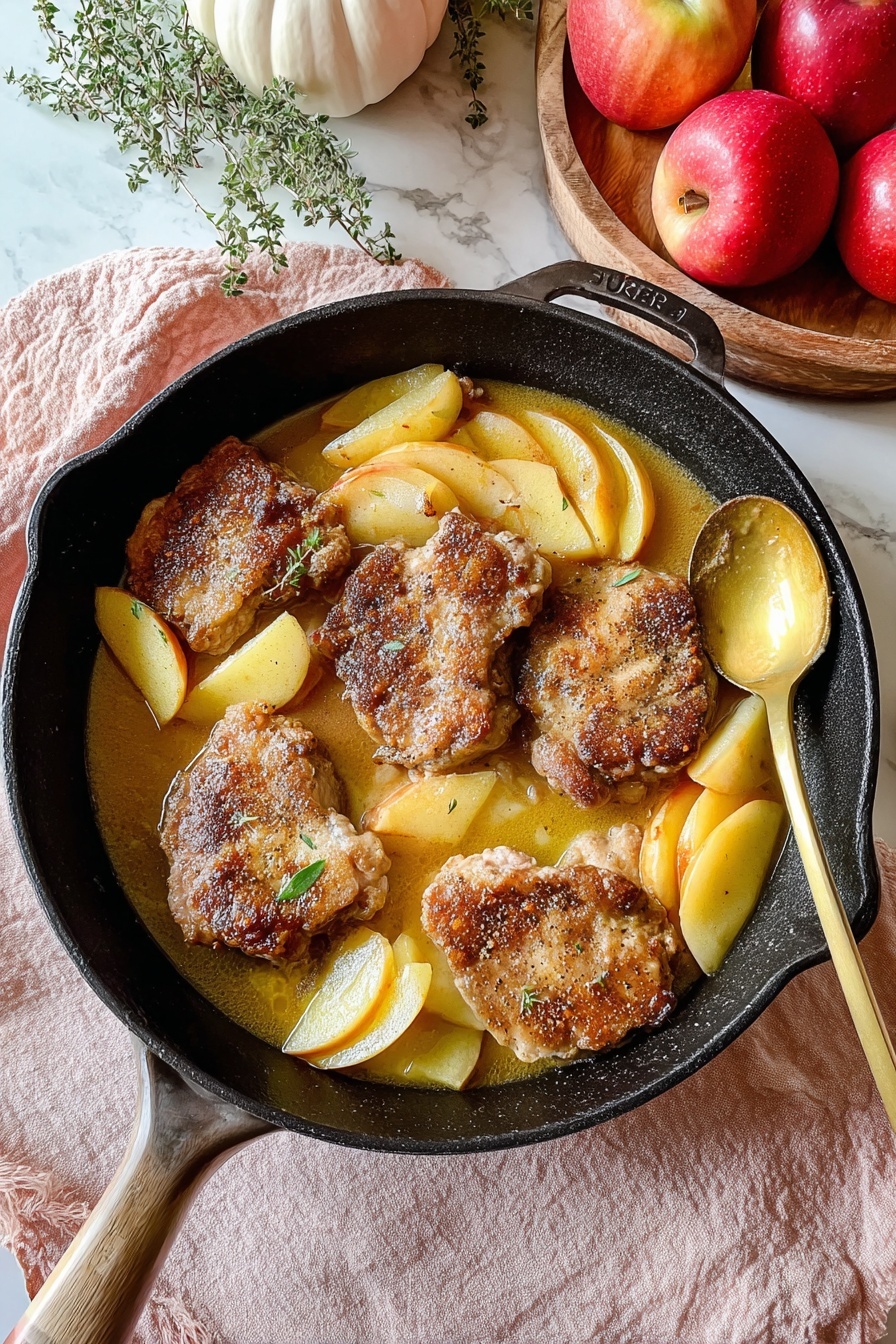 A black skillet holds four pieces of browned cooked meat, each piece showing a crispy, golden-brown texture with visible seasoning. Around and under the meat are many thick slices of pale yellow apple floating in a light, glossy golden sauce. A golden spoon rests on the right side inside the skillet, partially under some apple slices. The skillet sits on a soft light pink cloth, which is on a white marbled surface. Nearby, two red apples and a round wooden tray with a white small pumpkin and green plants are visible. photo taken with an iphone --ar 2:3 --v 7