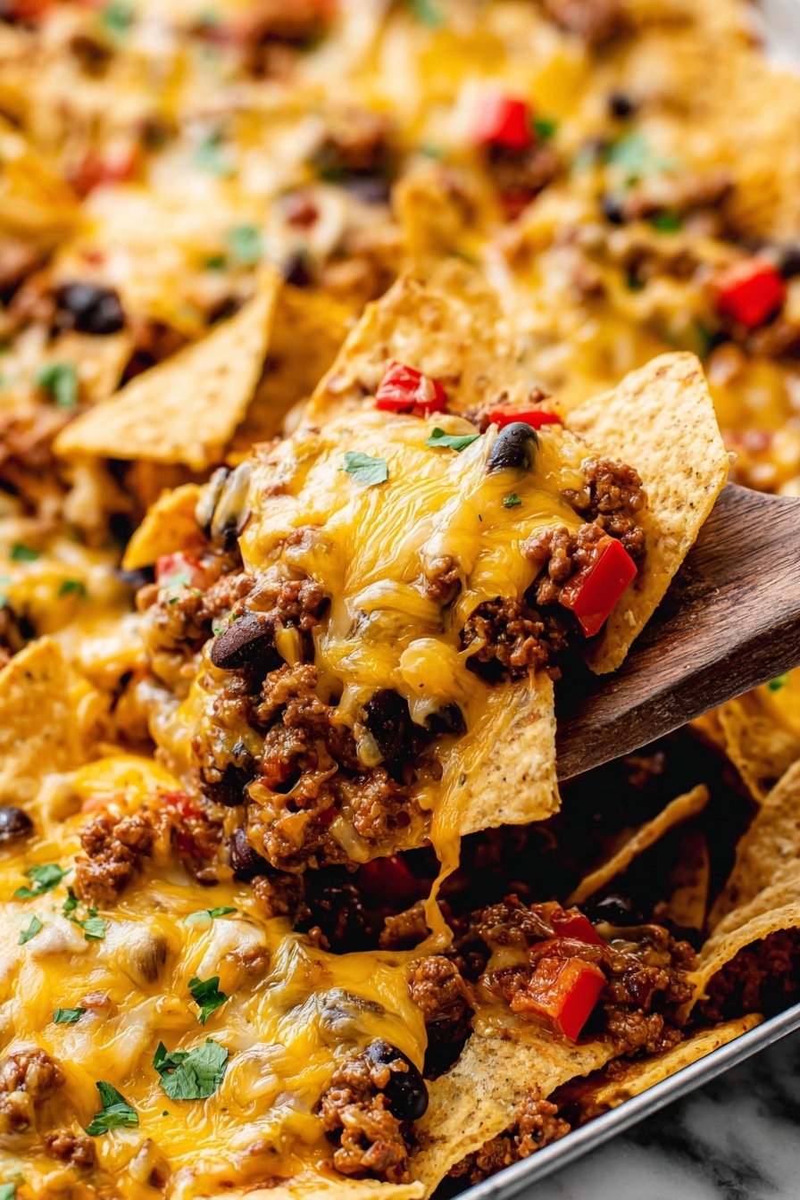 The dish shows a close-up view of loaded nachos with a wooden spoon lifting a portion above the rest. The bottom layer is made of crispy, light beige tortilla chips scattered widely. On top of this, there is a mix of cooked ground meat and black beans, with small chunks of bright red peppers adding color. Melted bright yellow and white cheese is spread unevenly over the top, creating a creamy and slightly stretchy texture. Small bits of green herbs are sprinkled throughout, adding freshness. The background is a white marbled surface, and the photo is taken with an iphone --ar 2:3 --v 7
