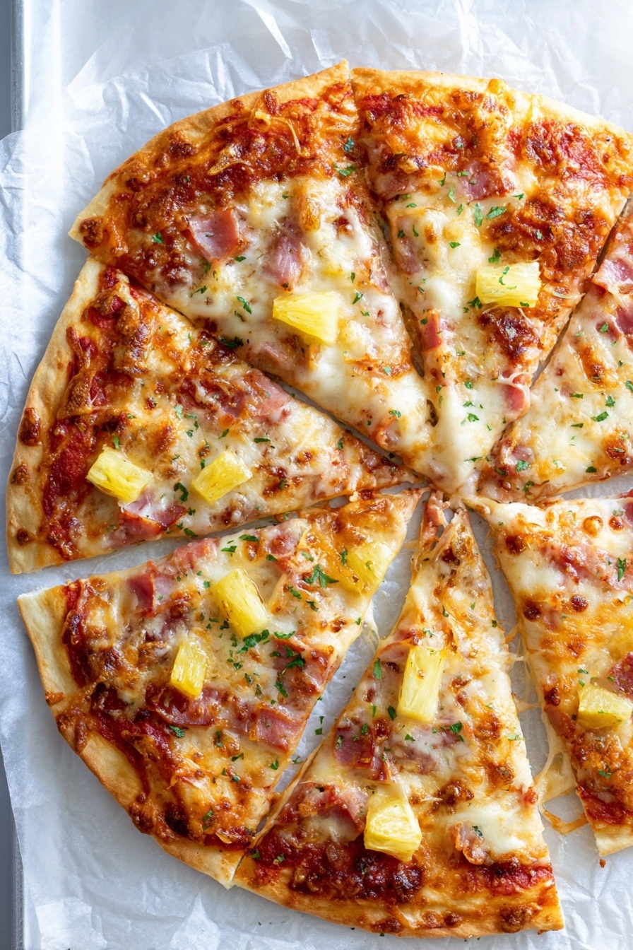 A pizza is shown with five slices, each topped with a golden-brown crust at the bottom layer, spread with a smooth red tomato sauce layer, followed by a melted white cheese layer that slightly bubbles and browns on top. Small chunks of pink ham and yellow pineapple pieces are evenly spread over the cheese, with bits of green herbs sprinkled on top for color. The pizza rests on a crinkled white parchment paper, which is placed on a white marbled surface. photo taken with an iphone --ar 2:3 --v 7