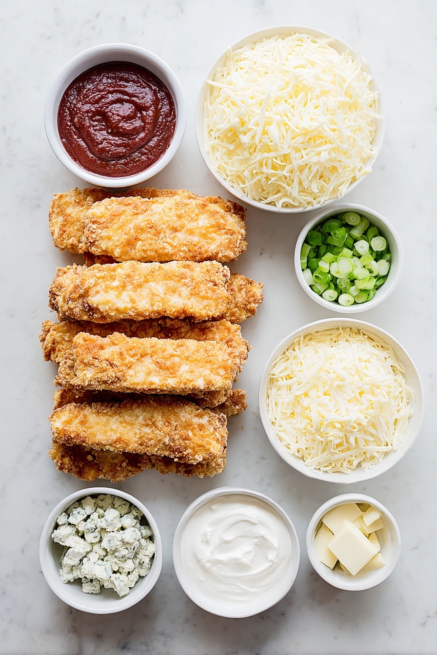 Flat lay of crispy breaded chicken strips, small white bowl of bright orange buffalo sauce, uncooked flat lasagna noodles, small white bowl of shredded mozzarella cheese, small white bowl of thinly sliced green onions, small white bowl of creamy ricotta cheese, small white bowl of softened cream cheese, small white bowl of melted butter, small white bowl of all-purpose flour, small white bowl of whole milk, small white bowl of sharp cheddar cheese shreds, small white bowl of blue cheese crumbles placed symmetrically on a clean white marble surface, soft natural light, photo taken with an iPhone, professional food photography style, fresh ingredients, white ceramic bowls, no bottles, no duplicates, no utensils, no packaging --ar 2:3 --v 7 --p m7354615311229779997