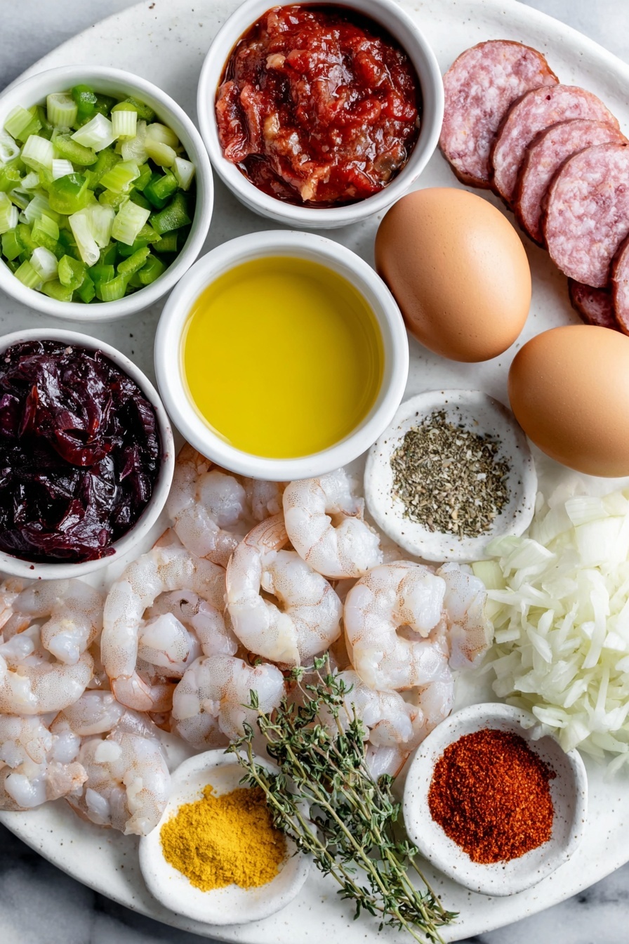 Flat lay of a small white ceramic bowl of vegetable oil, a small white bowl of crushed tomatoes, a small white bowl of chicken broth, two whole brown eggs with clean shells, a few thick slices of andouille sausage, a handful of peeled and deveined raw shrimp, bite-sized pieces of raw boneless skinless chicken, one large diced white onion, diced green bell pepper, diced red bell pepper, three chopped celery stalks, two whole garlic cloves, a small heap of uncooked white long-grain rice, a small pile of smoked paprika powder, small piles of ground salt, ground cumin, dried oregano, dried basil, dried thyme, ground black pepper, and cayenne pepper, and a few fresh green onion sprigs, all arranged symmetrically on a clean white ceramic plate, placed on a clean white marble surface, soft natural light, photo taken with an iPhone, professional food photography style, fresh ingredients, white ceramic bowls, no bottles, no duplicates, no utensils, no packaging --ar 2:3 --v 7 --p m7354615311229779997