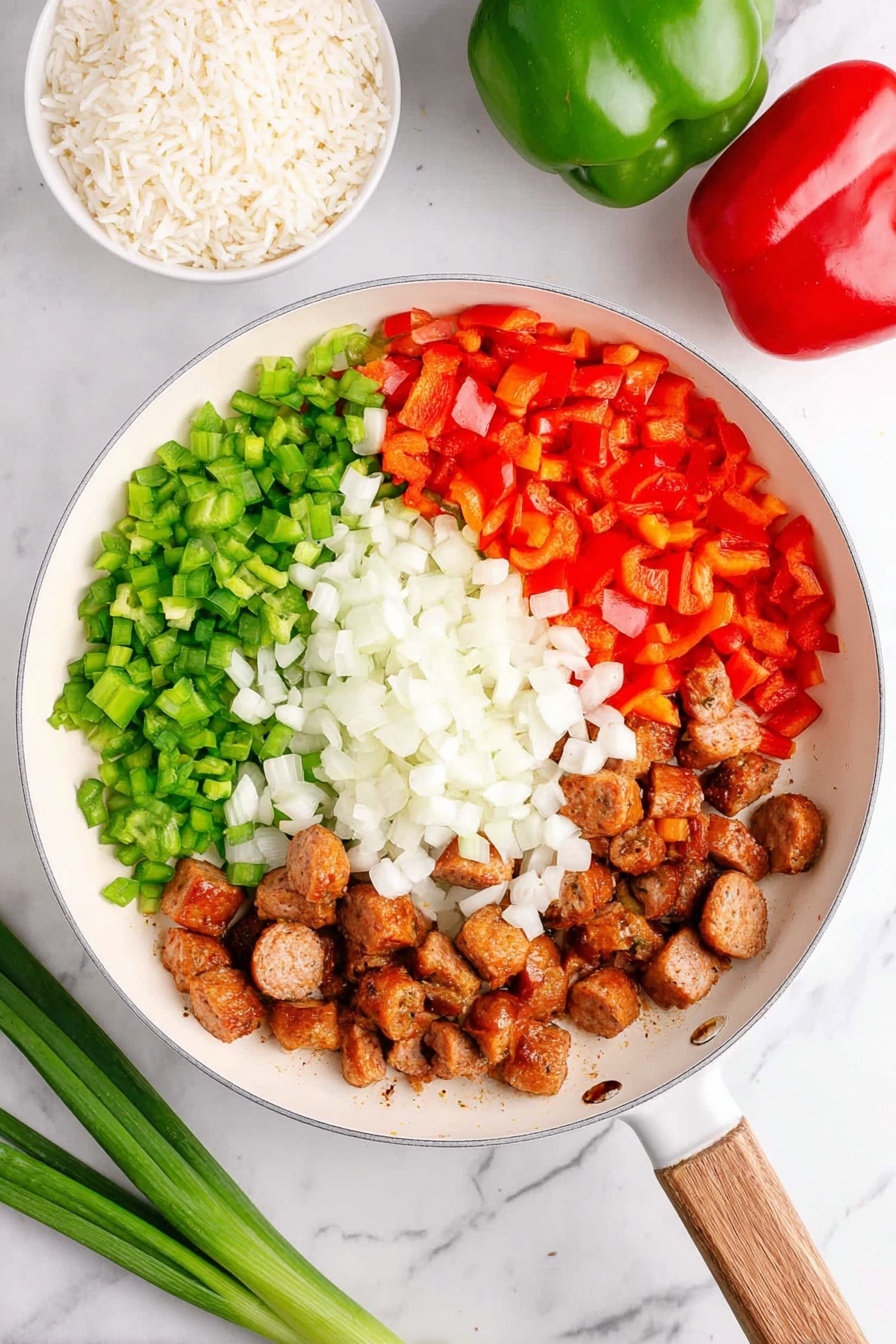 In this close-up image, a white bowl holds a rich mix of orange-colored rice layered with slices of browned sausage, pink shrimp, and light brown pieces of chicken. Dotted throughout the dish are small bits of red and green bell peppers and chopped green onions adding spots of color. A shiny gold fork is lifting some rice and a piece of sausage, showing the moist texture and the mix of ingredients. The bowl sits on a white marbled surface that softly reflects light, making the colors of the dish stand out. photo taken with an iphone --ar 2:3 --v 7