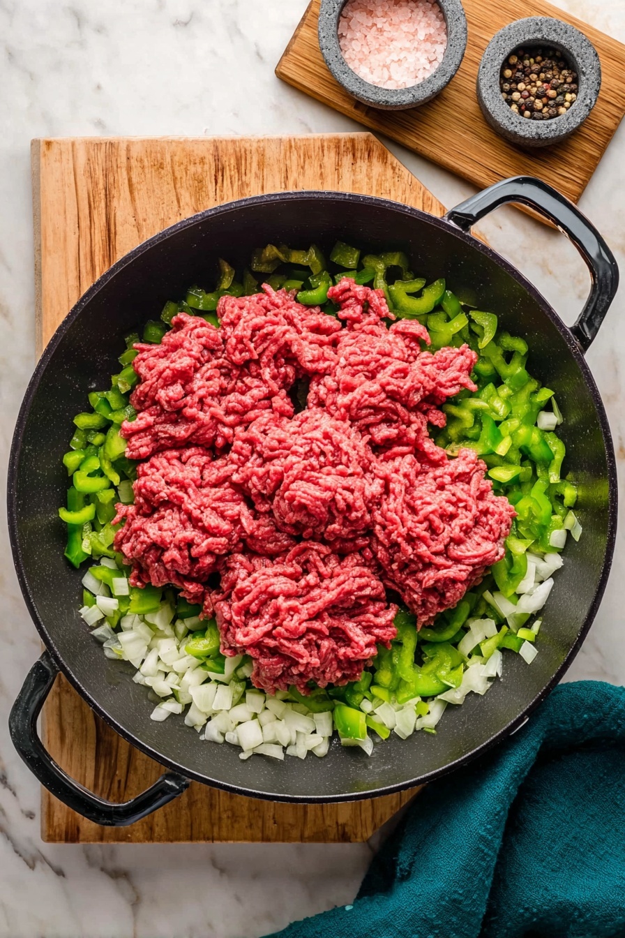 A white textured plate holds a serving of spaghetti layered with a rich reddish-brown meat sauce visible between the strands of pale yellow pasta, topped with melted golden cheese that has slightly browned spots and sprinkled with chopped green herbs. The plate is set on a wooden surface, with fresh green herbs scattered around and a hint of a white baking dish filled with the same cheesy pasta in the blurred background. The overall look is warm, hearty, and inviting. photo taken with an iphone --ar 2:3 --v 7