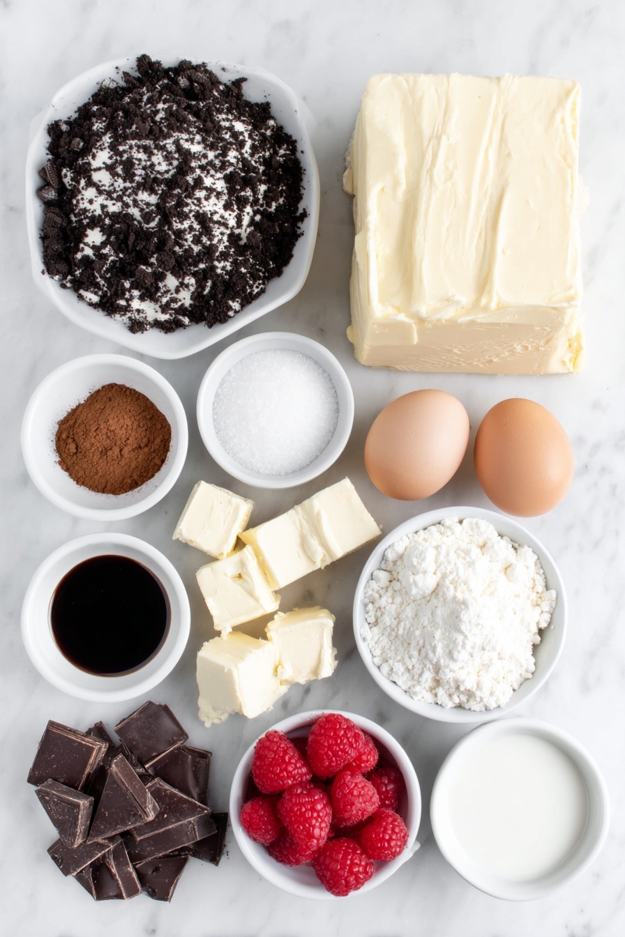 Flat lay of a small pile of crushed Oreo cookie crumbs, a small white bowl of melted unsalted butter, a heap of coarsely chopped semi-sweet chocolate, a small white bowl with espresso powder, a large block of smooth full-fat cream cheese, a small white bowl of granulated sugar, a small white bowl of packed light brown sugar, a small white bowl of Dutch-process cocoa powder, four whole brown eggs with clean shells alongside two separate uncracked egg yolks in a small white bowl, a small white bowl of heavy cream, a small white bowl of vanilla extract, a handful of fresh red raspberries, a small white bowl of finely chopped semi-sweet chocolate, a small white bowl of additional heavy cream, a few cubes of unsalted butter, a small white bowl with cocoa powder placed on a clean white marble surface, soft natural light, photo taken with an iPhone, professional food photography style, fresh ingredients, white ceramic bowls, no bottles, no duplicates, no utensils, no packaging --ar 2:3 --v 7 --p m7354615311229779997