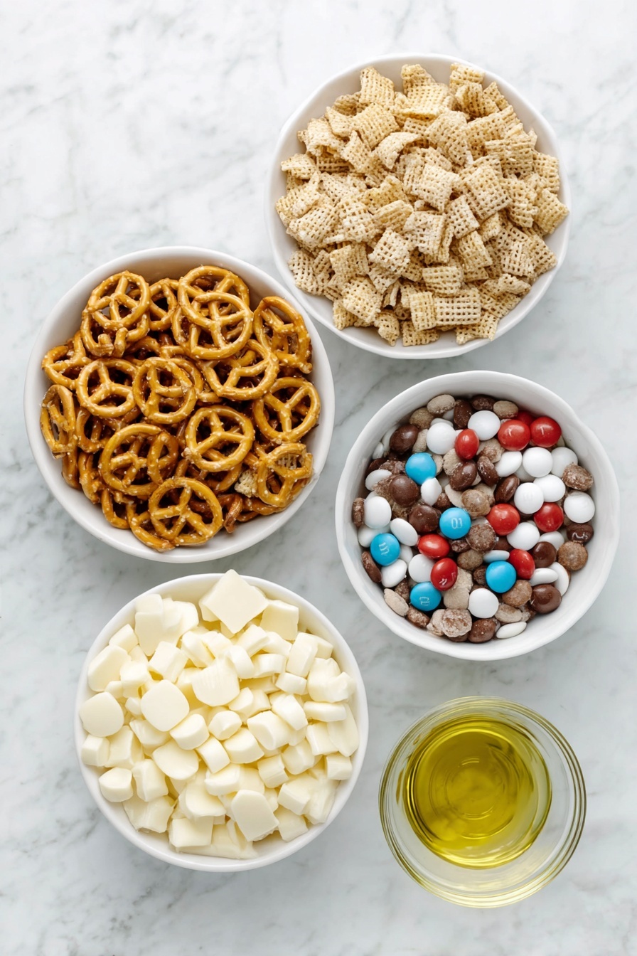 Flat lay of a small pile of golden Corn Chex cereal, a modest heap of glossy mini pretzel twists, a small mound of light tan Rice Chex cereal, a handful of honey-glazed Cheerios, a scattering of red, white, and pink M&M’s, a small white ceramic bowl filled with creamy white chocolate chips, and a tiny white ceramic bowl with clear vegetable oil, all arranged in perfect symmetry on a clean white marble surface, soft natural light, photo taken with an iPhone, professional food photography style, fresh ingredients, white ceramic bowls, no bottles, no duplicates, no utensils, no packaging --ar 2:3 --v 7 --p m7354615311229779997