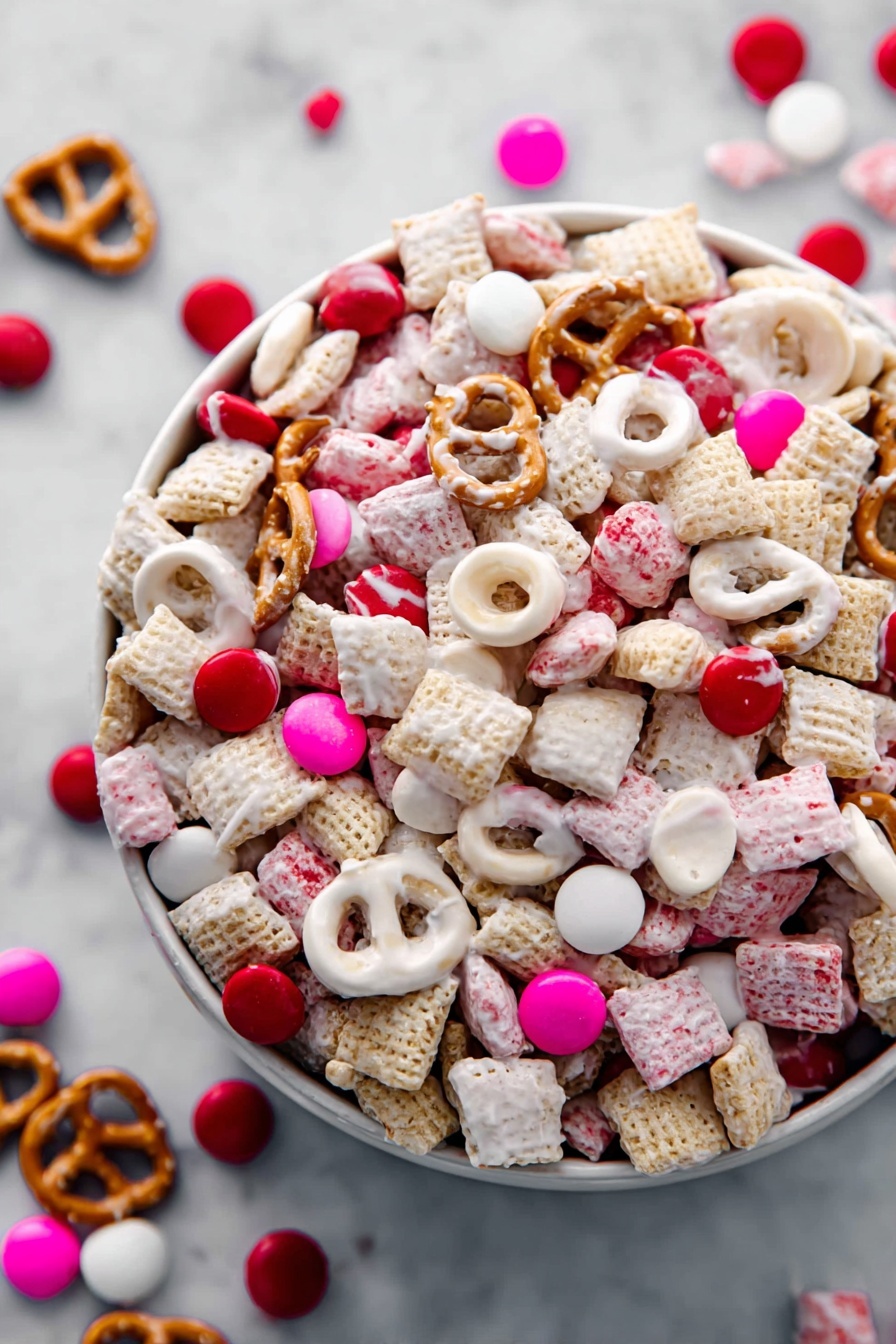 The image shows a white bowl filled with five different snacks, each in its own section. Starting from the top and moving clockwise, there are light brown round cereal pieces with holes, small square light brown crispy cereal, small twisted pretzels in a golden brown color, light beige small square cereal pieces, and a mix of red, pink, and white candy-coated chocolates. A wooden spoon rests on the right side of the bowl, partially covered by the square cereal pieces and pretzels. The bowl sits on a white marbled surface. Photo taken with an iphone --ar 2:3 --v 7