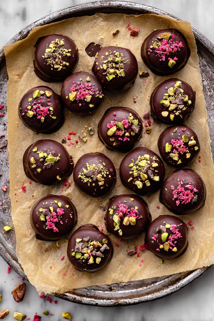 This image shows a tray covered with parchment paper holding 18 round chocolate-covered treats. Each treat has a smooth, dark brown chocolate outer layer with a shiny finish. The top of each piece is decorated with small, colorful toppings in three different types: bright pink crumbs, light green chopped pistachios, and dark brown cacao nibs. The treats are arranged in a loose cluster, with some small pieces of topping scattered around them on the parchment. The tray is set on a white marbled surface. Photo taken with an iphone --ar 2:3 --v 7