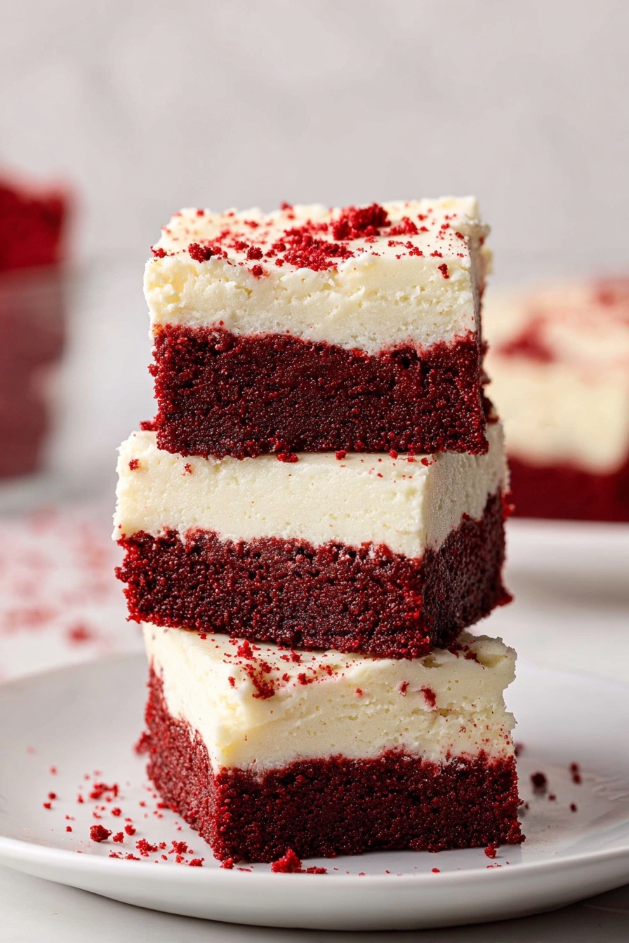A stack of three square dessert bars sits on a simple white plate against a white marbled surface. Each bar has two thick layers—the bottom is a dense, rich red layer with a moist texture, while the top layer is a creamy off-white layer with a light, slightly crumbly texture. Small red crumbs are scattered on the plate and a few are lightly sprinkled on the top layer of the bars. The background is softly blurred, adding focus to the dessert stack. Photo taken with an iphone --ar 2:3 --v 7