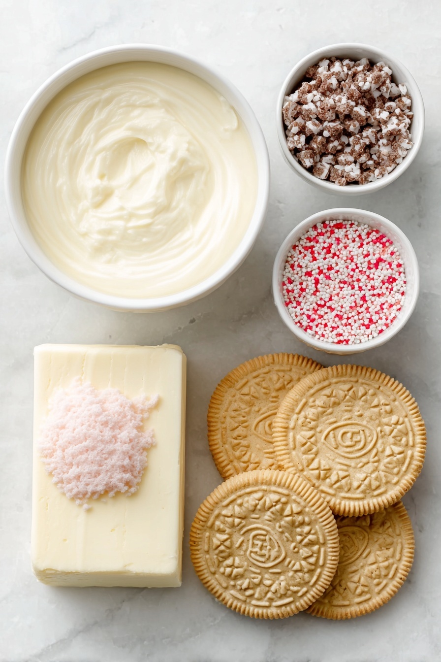 Flat lay of whole golden Oreo cookies arranged neatly beside a block of smooth cream cheese with a dab of soft pink food coloring on top, a small white ceramic bowl filled with white vanilla candy coating, and another small white bowl containing assorted Valentine-themed sprinkles, all placed on a clean white marble surface, soft natural light, photo taken with an iPhone, professional food photography style, fresh ingredients, white ceramic bowls, no bottles, no duplicates, no utensils, no packaging --ar 2:3 --v 7 --p m7354615311229779997