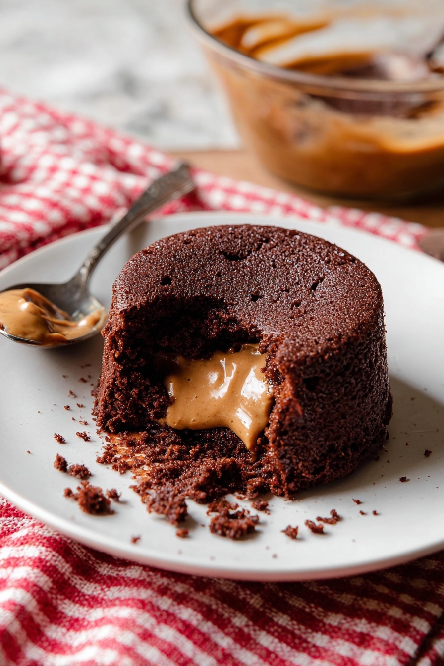 A small round chocolate cake with a dark brown, slightly rough outer layer sits on a white plate. The cake is broken on one side, showing a thick, smooth, light brown creamy filling inside that is softly oozing out. There are a few crumbs scattered around the base of the cake. In the background, a silver spoon with some chocolate crumbs rests on the plate, and a glass bowl with more of the light brown filling is placed on a red and white checkered cloth. The surface beneath the plate is a white marbled texture. Photo taken with an iphone --ar 2:3 --v 7