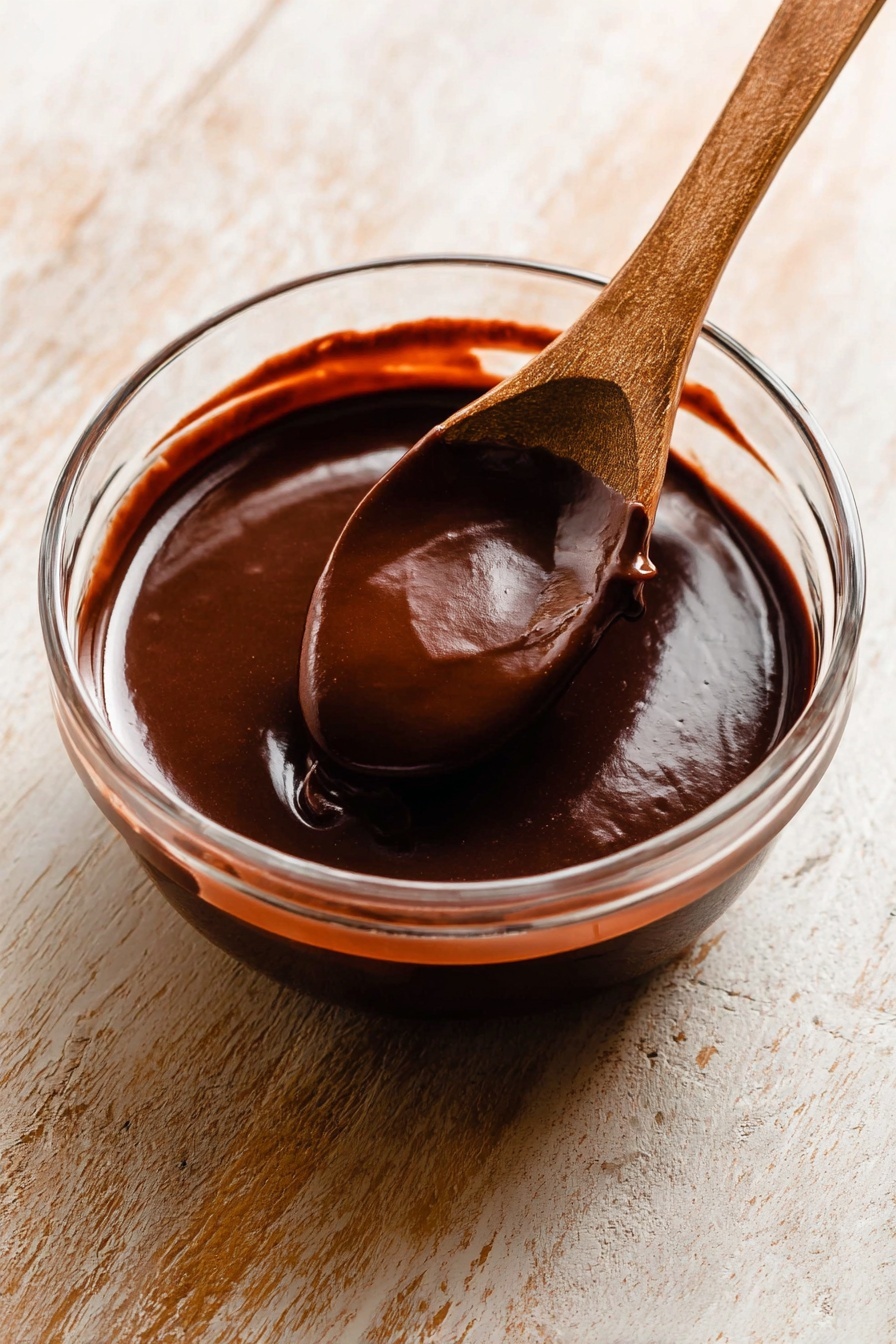 A white plate holds a thick dark brown chocolate cake with a rough, moist texture, partially broken open to show a smooth, gooey caramel filling oozing out. On top of the cake is a large scoop of white vanilla ice cream, smooth and round, drizzled with thick caramel and dark chocolate sauces that create stripes over the ice cream and cake. A silver spoon with some crumbs rests on the side of the plate, which is placed on a wooden surface next to a red and white checkered cloth. Another white plate with the same chocolate cake without ice cream is blurred in the background. photo taken with an iphone --ar 2:3 --v 7