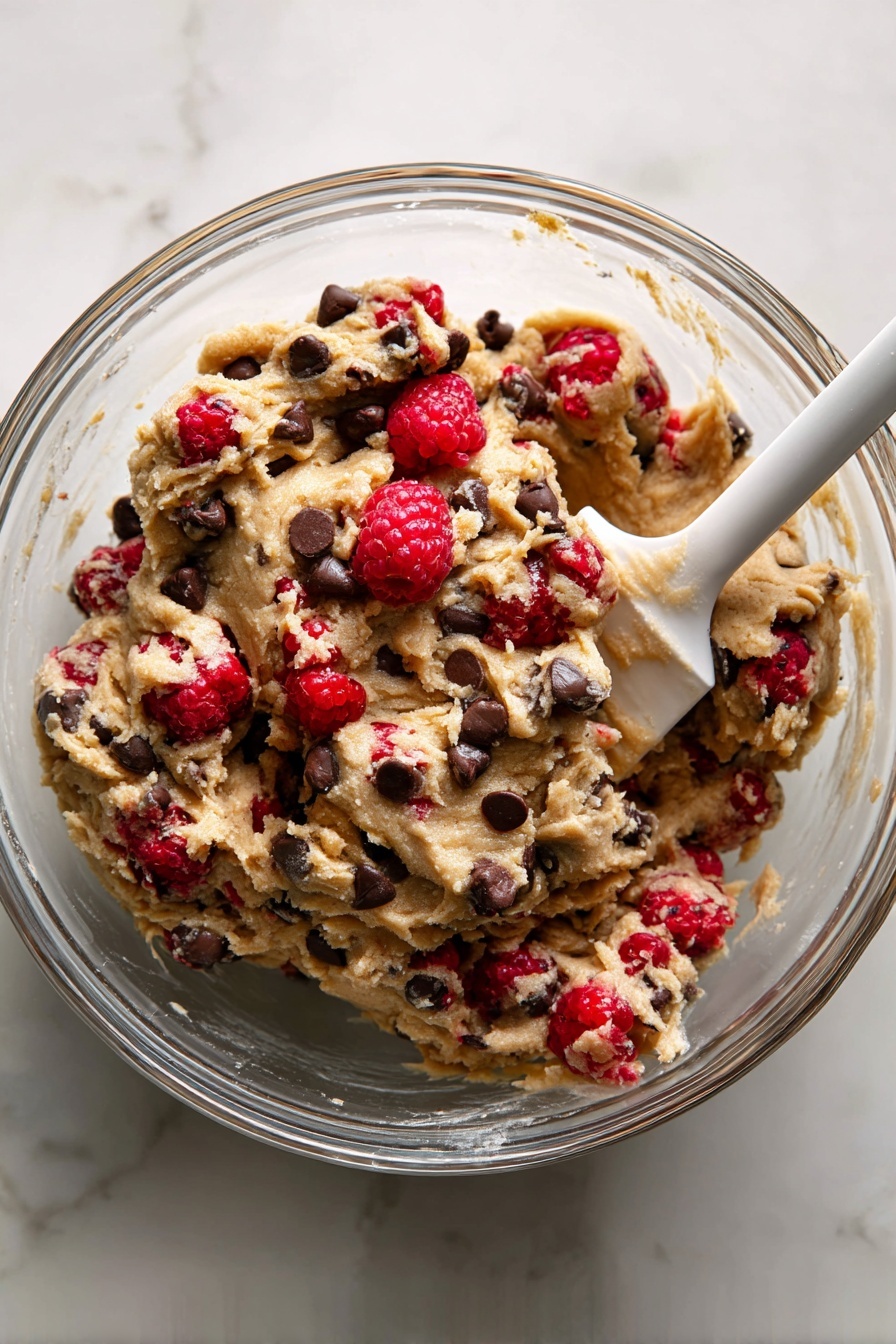 This image shows a close-up of a soft cookie broken into two pieces on a white marbled surface with white parchment paper underneath. The cookie has a golden brown color with melted dark brown chocolate chunks and bright red raspberries embedded within. Around the cookie, there are whole fresh raspberries with a textured, bumpy surface and dark chocolate shavings scattered nearby. Part of a white plate is visible holding more cookies with the same texture and colors. The background is a bright pink color, adding contrast to the overall warm tones of the cookie and raspberries. photo taken with an iphone --ar 2:3 --v 7