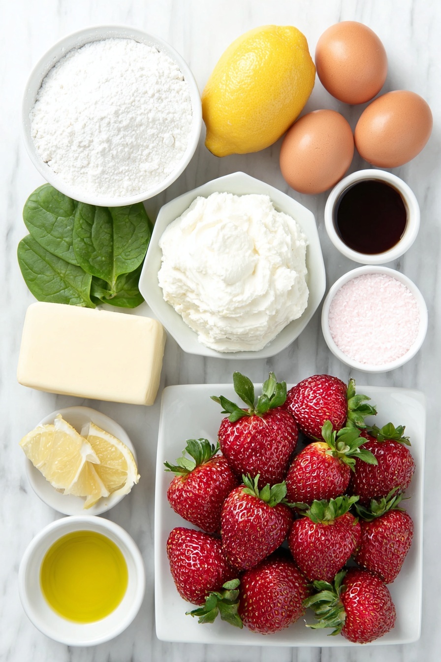 Flat lay of fresh whole strawberries with green leafy tops, a small white ceramic bowl of fine granulated sugar, a fresh whole lemon with a few thin lemon zest strips beside it, a small white bowl of clear rose water, a smooth stick of unsalted butter, a small white bowl of golden canola oil, a small white bowl of pure vanilla extract, two large whole uncracked brown eggs, a small white bowl of fine sea salt, a small white bowl of baking powder, a small white ceramic bowl of cake flour, a small white bowl of pink strawberry kefir, a small white bowl of organic powdered sugar, a block of cream cheese softened, all ingredients neatly arranged with perfect symmetry and natural fresh appearance, placed on a clean white marble surface, soft natural light, photo taken with an iPhone, professional food photography style, fresh ingredients, white ceramic bowls, no bottles, no duplicates, no utensils, no packaging --ar 2:3 --v 7 --p m7354615311229779997