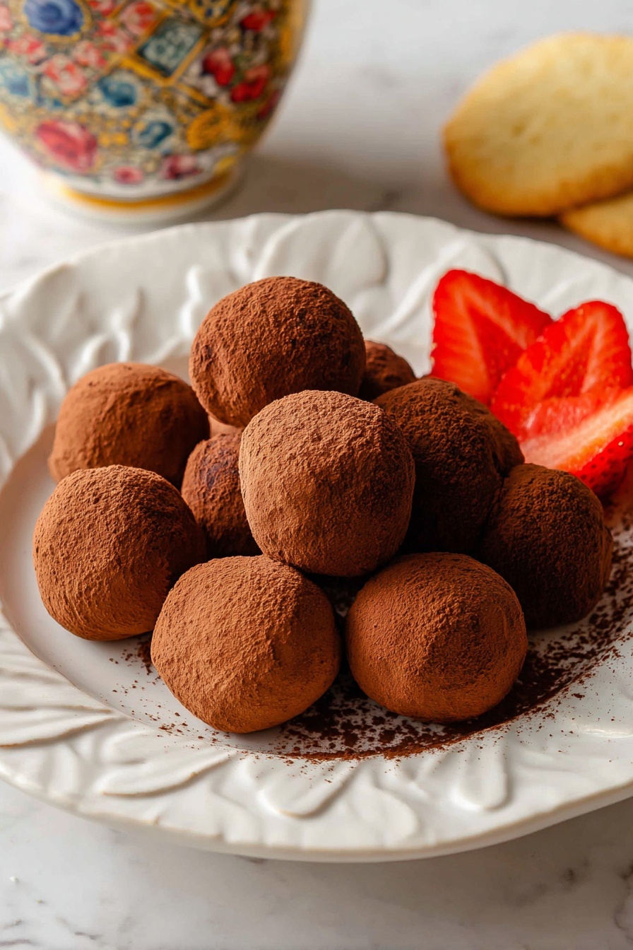 A white plate with a decorative raised leaf edge holds about ten round chocolate balls dusted in dark brown cocoa powder, arranged closely in the center. At the edge of the plate, three bright red strawberry pieces with visible seeds add a pop of color. In the background, a colorful cup with floral and geometric patterns is partially visible, along with a beige biscuit. The surface beneath the plate is a white marbled texture. Photo taken with an iphone --ar 2:3 --v 7